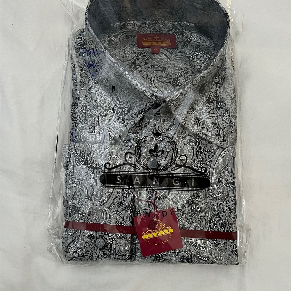 Mens 2050 Sangi Milan Collection High Collar Shirt Sparkly Black Silver Scroll